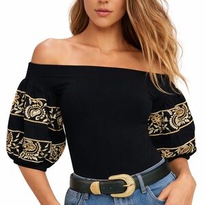 Free People Off-the-Shoulder Embroidered Peasant Top – Black